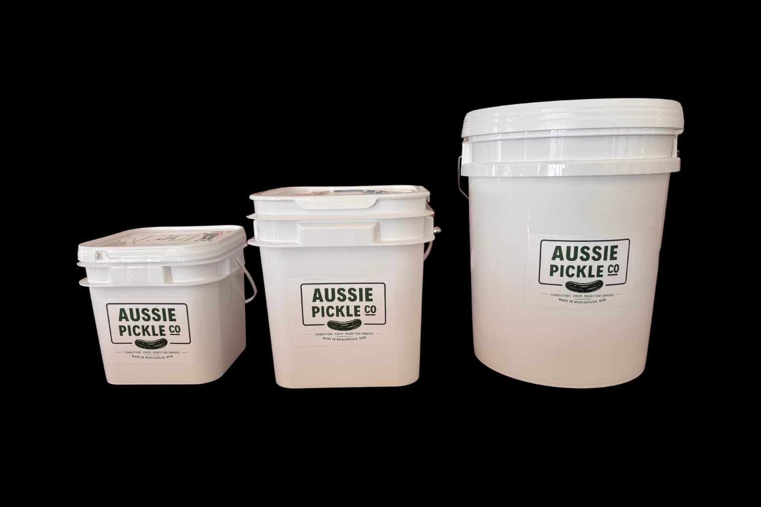Aussie Pickle Co 20L, 10L and 5L pickle tubs shown together, largest to smallest